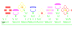 A site banner which says 'Joan's ASCII art'= gallery' and features ascii art flowers and a link to joan's geocities site