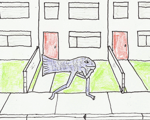hand drawn animated gif of a salmon with legs running through a neighborhood
